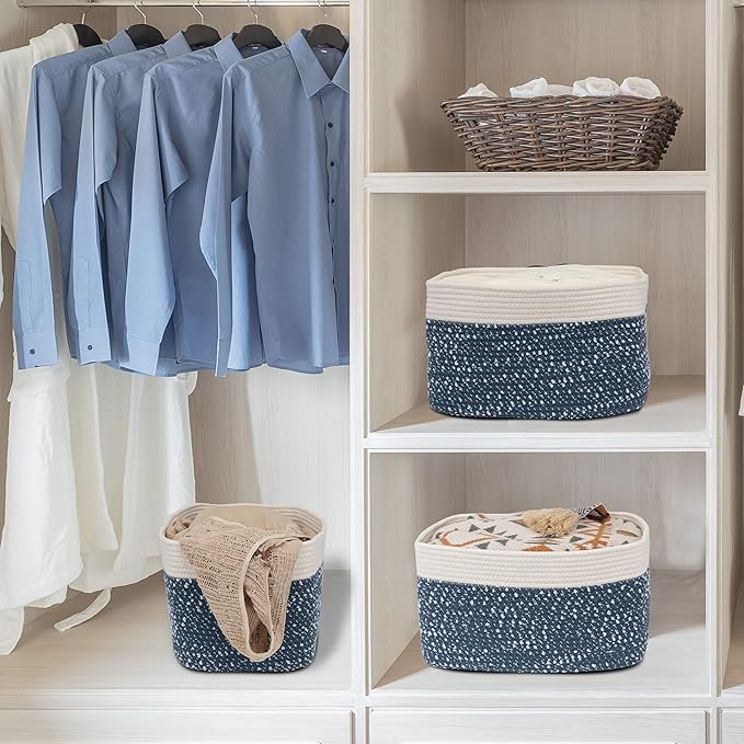 White and Blue Cotton Rope storage Basket Bins Woven Basket for Organizing Shelves 15X10X9.3“ Rectangle Decorative Baskets For storage Books Towels Wicker Nursery basket organizer Set of 3