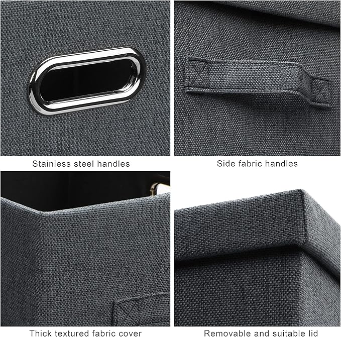 Medium 15" 21 Quart Collapsible Stackable Storage Bins with Lids, 3 Packs Dark Grey Foldable Fabric Closet Boxes Heavy-duty Linen Cube Baskets Container for Bedroom Office (15 x 11 x 8)