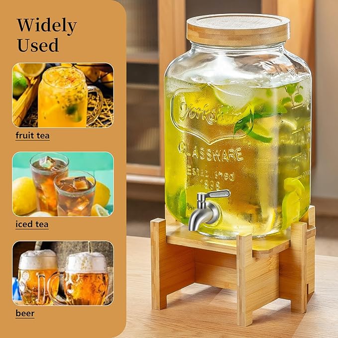 Drink Dispenser with Wood Stand and Lid,2 Gallon Glass Beverage Dispenser with Stainless Steel Spigot for Parties,Picnics,Barbecues,Lemonade,Sun tea Jar,ice coffee,Laundry Detergent Dispenser
