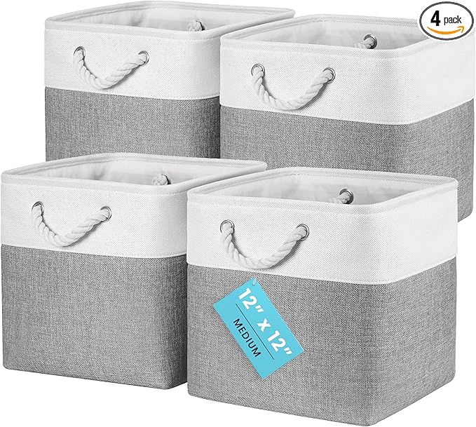 OrganiHaus 12x12 Cube Storage Bins 4 Pack, Foldable Cube Storage Organizer w/ Rope Handles, Collapsible Fabric Bins for Toys, Clothes & Closet Organization, Fabric Square Baskets - Gray/White
