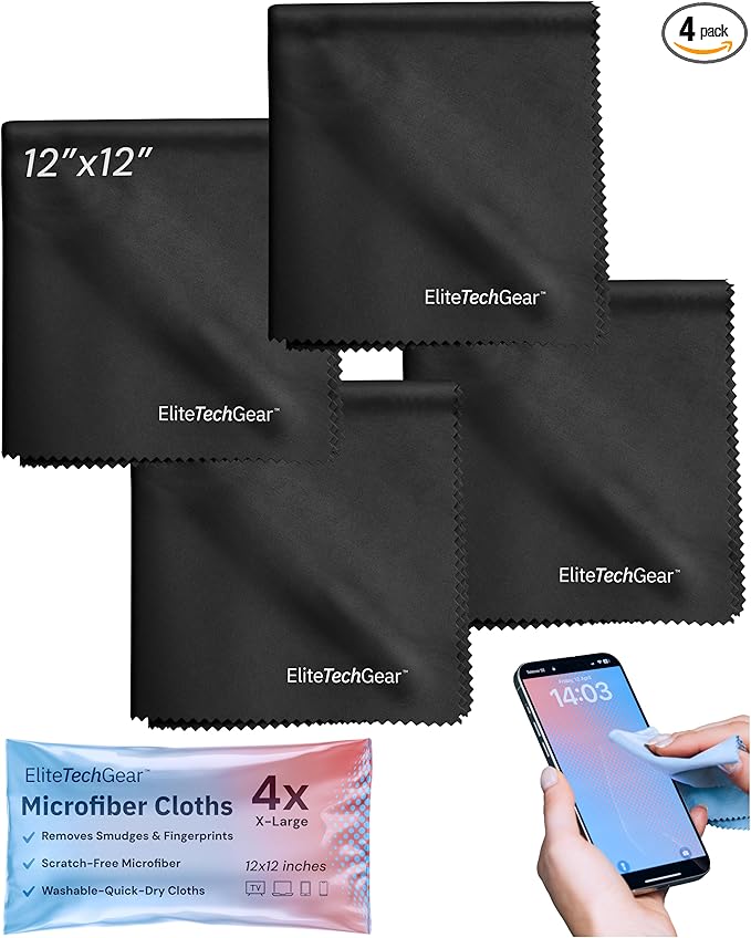 Elite Tech Gear Microfiber Cleaning Cloth for Glasses- 4-Pack, 12" x 12"- Durable Oversized Glasses Cleaning Cloth- Eyeglass Cleaning Wipes for Lenses, Electronics- High Tech Quality Material (Black)