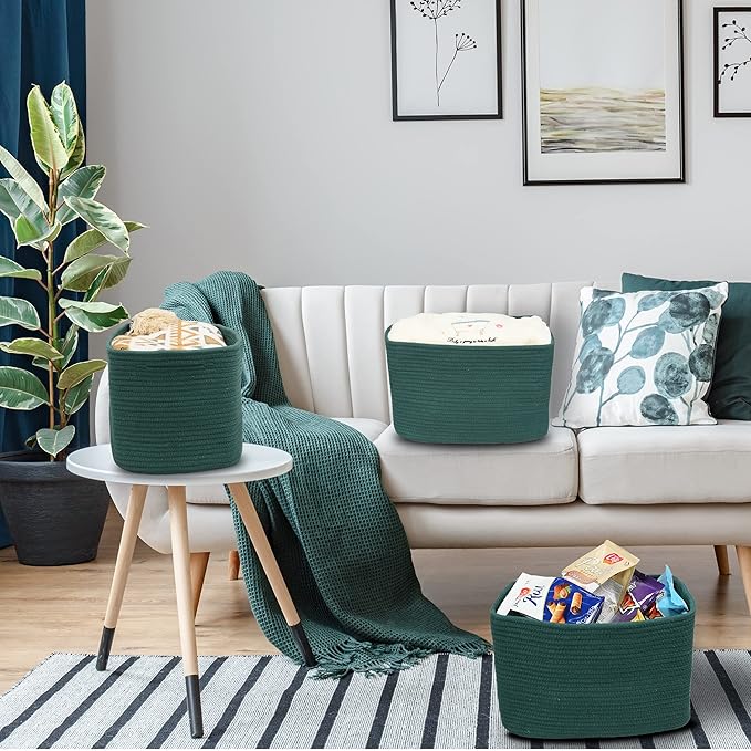 Cotton Rope storage Basket Bins15X10X9.3“ Basket for Organizing Shelves Rectangle Decorative Baskets For storage Clothes Toys Books Towels Square Wicker Nursery basket organizer 3 pack Dark green