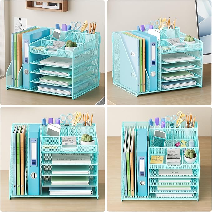 Lavatino 5-Tier Desk Organizer with 2 File Holders, Metal Adjustable Paper Letter Tray for Office or Home Desk Organizers and Accessories | 7 Flexible Dividers Keep Workspace Supplies Neat, Blue
