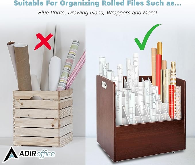 Adir Blue Print Storage Organizer - Mobile Roll File Cart, Construction Plan Holders, Blueprint Cabinet with Wheels, Roll Files Storage for Office and Home (50 Slots, Mahogany)
