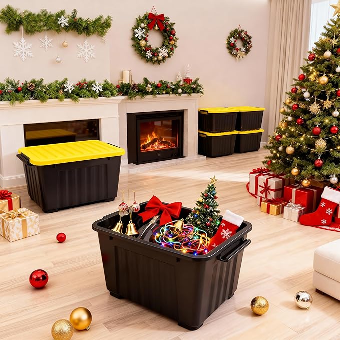 Nazhura 72Quart Plastic Storage Bin, Stackable and Nestable Storage Boxes with White Lids and Secure Latching Buckles, Large Storage Container (Black/Yellow, 72Quart-6Pack)