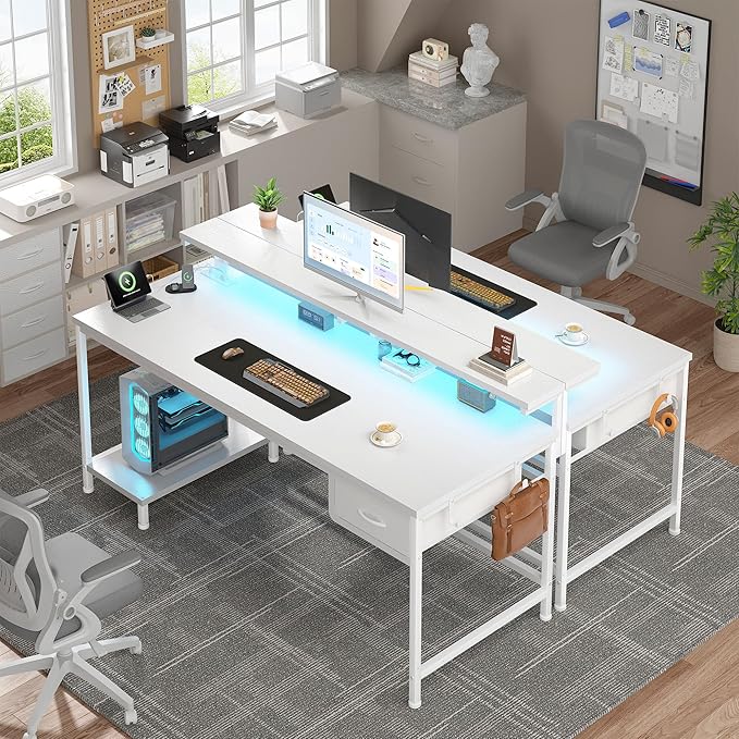 Computer Desk with Ergonomic Monitor Stand & CPU Stand,47.2" Gaming Desk with 1 Drawer & Power Outlet & LED Lights for Home Work, Bedroom Study and Gaming, Small Spaces,White