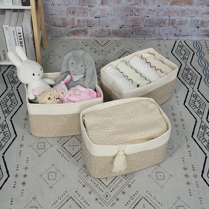 Cotton Rope storage Basket Bins Woven Basket for Organizing Shelves 15X10X9.3" Rectangle Decorative Baskets For storage Clothes Toys Books Towels Nursery basket organizer 3 pack white and brown