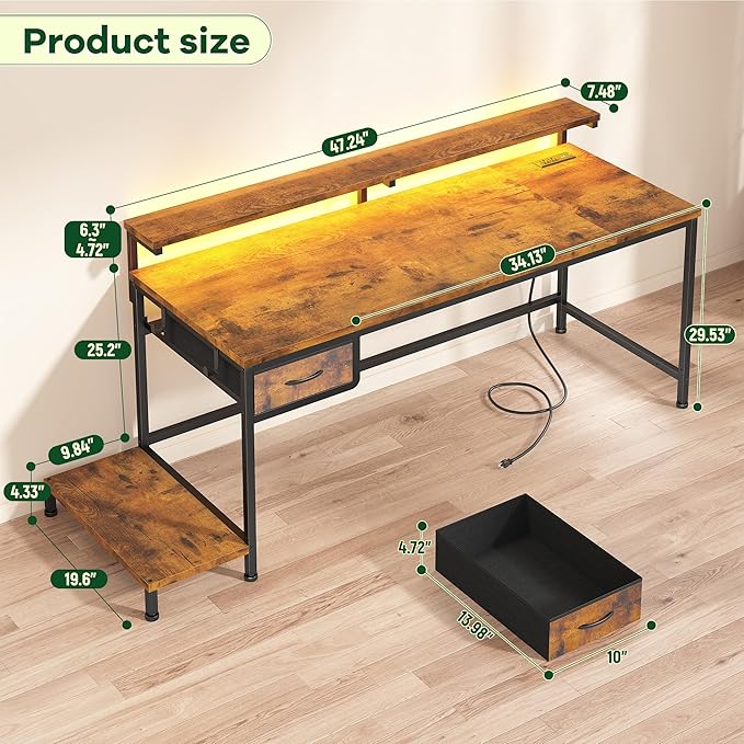 47.2 Inch Office Desk with Power Outlet & Ergonomic Monitor Stand,Gaming Desk with CPU Stand& LED Lights,Computer Desk with Drawer for Home Work,Study Redroom and Gaming,Small Spaces,Rustic Brown