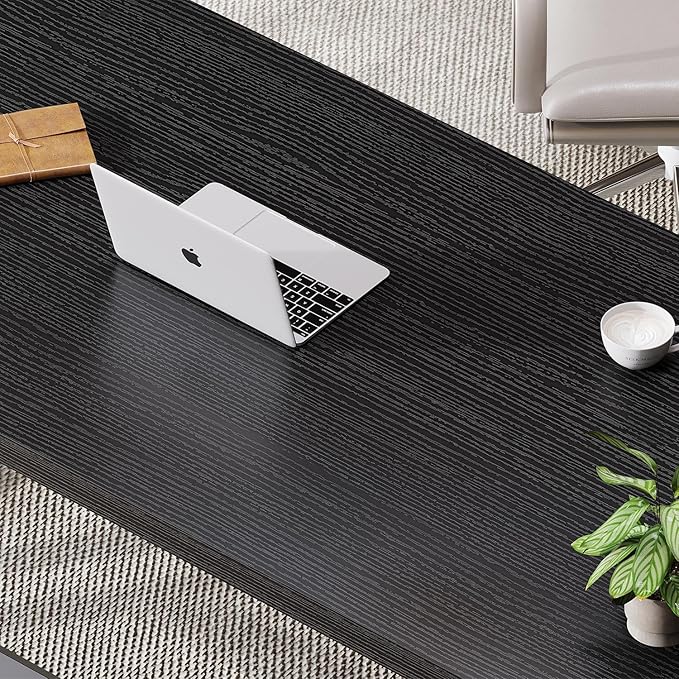 LVB Black Computer Desk, Modern Gaming PC Writing Desk for Home Office, Metal Computer Study Work Table for Bedroom, Industrial Executive Student Simple Workstation Desk, 55 in, Black Oak