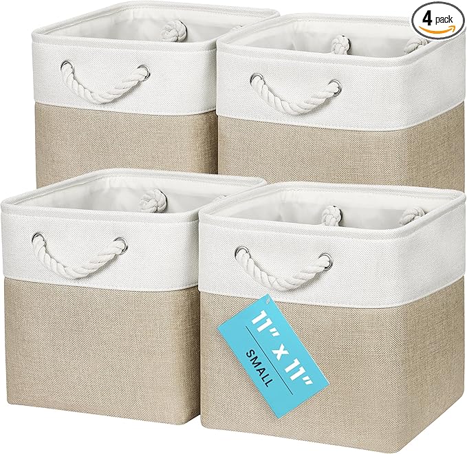 OrganiHaus 11x11 Cube Storage Bins 4 Pack, Foldable Cube Storage Organizer w/ Rope Handles, Collapsible Fabric Bins for Toys, Clothes & Closet Organization, Fabric Square Baskets - Beige/White