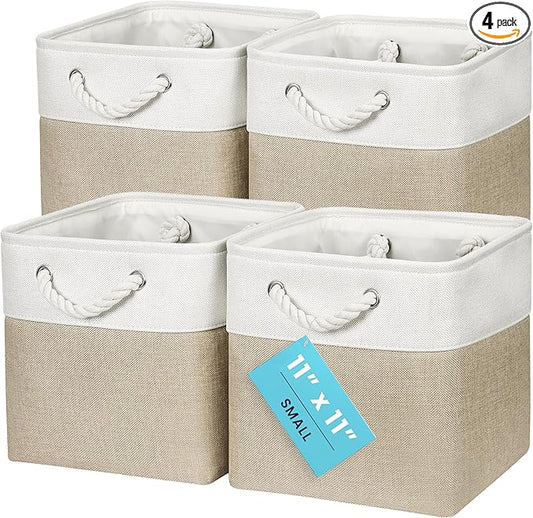 OrganiHaus 11x11 Cube Storage Bins 4 Pack, Foldable Cube Storage Organizer w/ Rope Handles, Collapsible Fabric Bins for Toys, Clothes & Closet Organization, Fabric Square Baskets - Beige/White