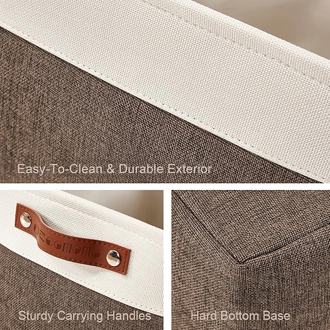 DECOMOMO Storage Baskets for Shelves - Fabric Storage Bins, Linen Closet Organizers and Storage (Brown & White, Large - 3 Pack)