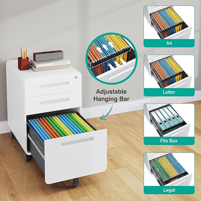 3 Drawer File Cabinet with Lock,Under Desk File Cabinet,White Rolling File Cabinets,Three Drawer Filing Cabinets for Home Office with Wheels,Fit A4/Letter/Legal File,Fully Assembled Except Casters