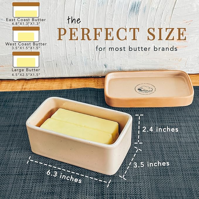 Mora Ceramic Two-in-One Butter Dish with Lid, Covered Butter Crock Container to Leave on Countertop - Large Storage Keeper/Holder for Kitchen, Gifts for Her, Butter Tray For Counter - Chai