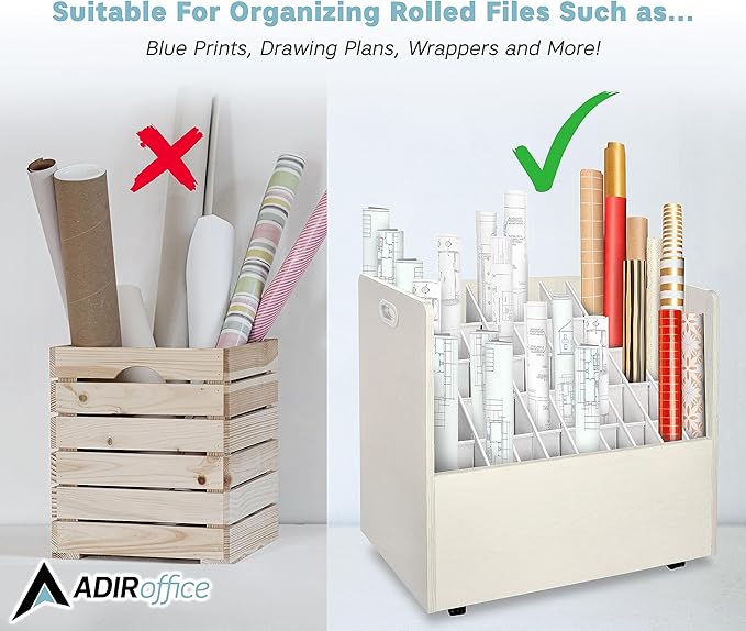 AdirOffice Adir Blue Print Storage Organizer - Mobile Roll File Cart, Construction Plan Holders, Blueprint Cabinet with Wheels, Roll Files Storage for Office and Home (50 Slots, White)