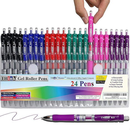 THINK2MASTER [24 Pens - 4Black, 4Blue, 4 Red, 4 Green, 4 Pink, 4Purple Ink] Think2 Retractable Gel Pens. Assorted Colors Fine Point (0.5mm) Rollerball Pens with Comfort Grip.