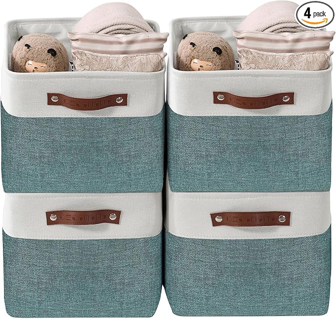 DECOMOMO Storage Baskets for Shelves - Fabric Storage Bins, Linen Closet Organizers and Storage (Green & White, Large - 4 Pack)