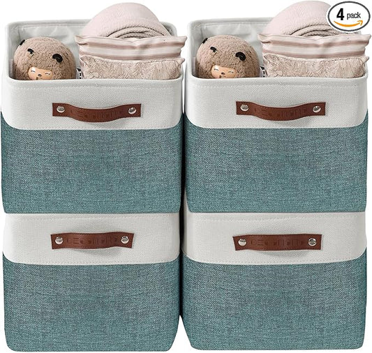 DECOMOMO Storage Baskets for Shelves - Fabric Storage Bins, Linen Closet Organizers and Storage (Green & White, Large - 4 Pack)