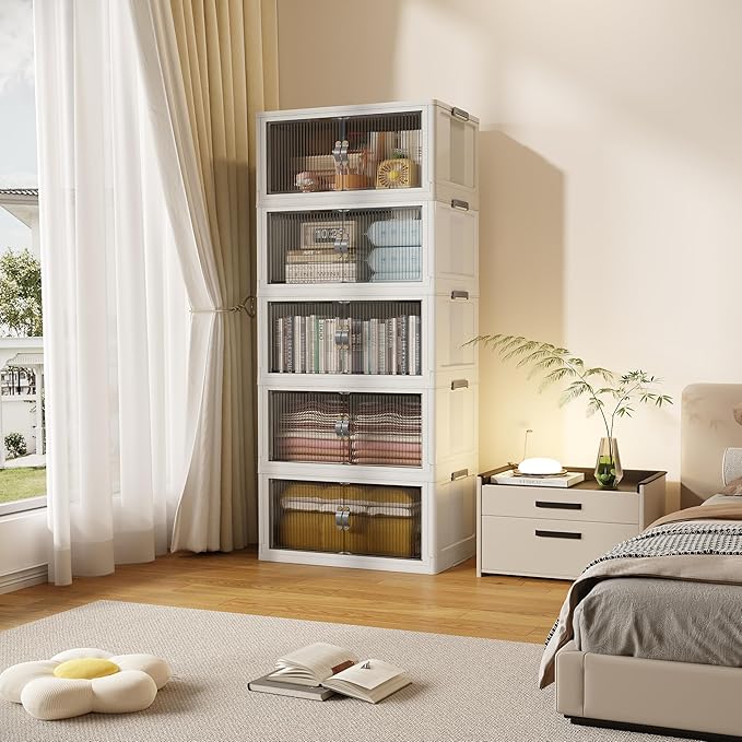 SAILUN 145Gal/580Qt Stackable Storage Bins Folding Collapsible Storage Bins with Lid, Closet Organizers and Storage, Grey 26" W x 17" D x 71" H