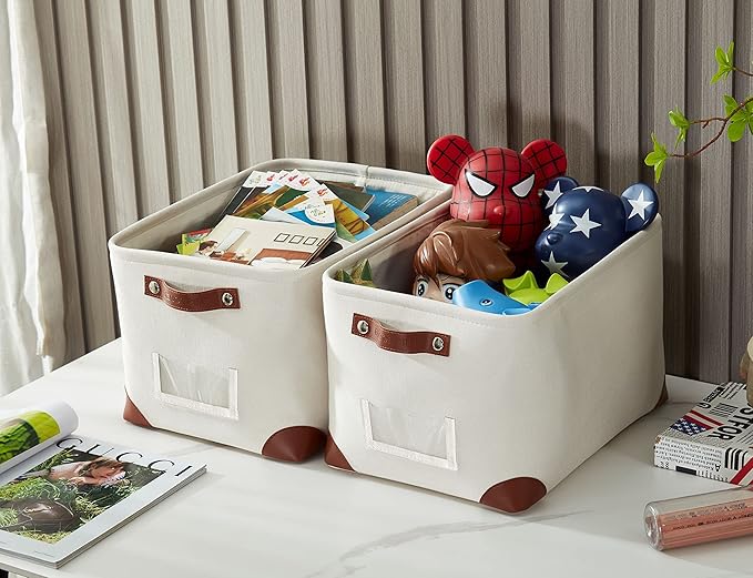 DECOMOMO White Storage Bins Fabric Storage Baskets for Shelves & Linen Closet Organization (Creamy White W/ Label holder, Large - 3 Pack)