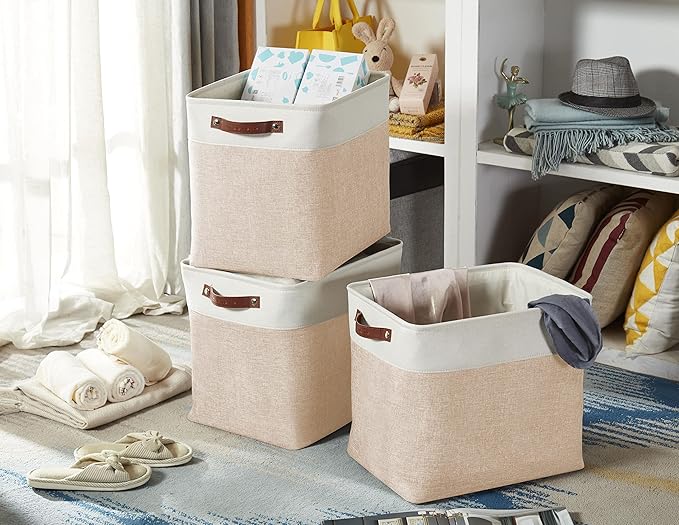 DECOMOMO Extra Large Storage Baskets, 54.5L Fabric Storage Bins for Organizing Linen Closet, Nursery (Beige & White, XXXL - 3 pack)