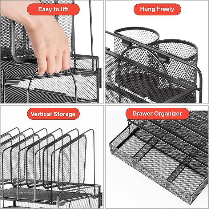 Marbrasse Desk organizer with Drawer, 4-Tier Mesh File Organizer with 5 Vertical File Holders and 2 Pen Holders, Multifunction Desktop Organizer,Desk Organizers and Accessories for Home Office