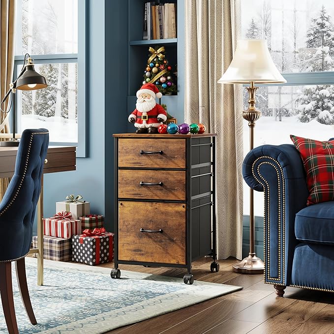 DEVAISE Mobile File Cabinet, Rolling Printer Stand with 3 Drawers, Fabric Vertical Filing Cabinet fits A4 or Letter Size for Home Office, Rustic Brown Wood Grain Print