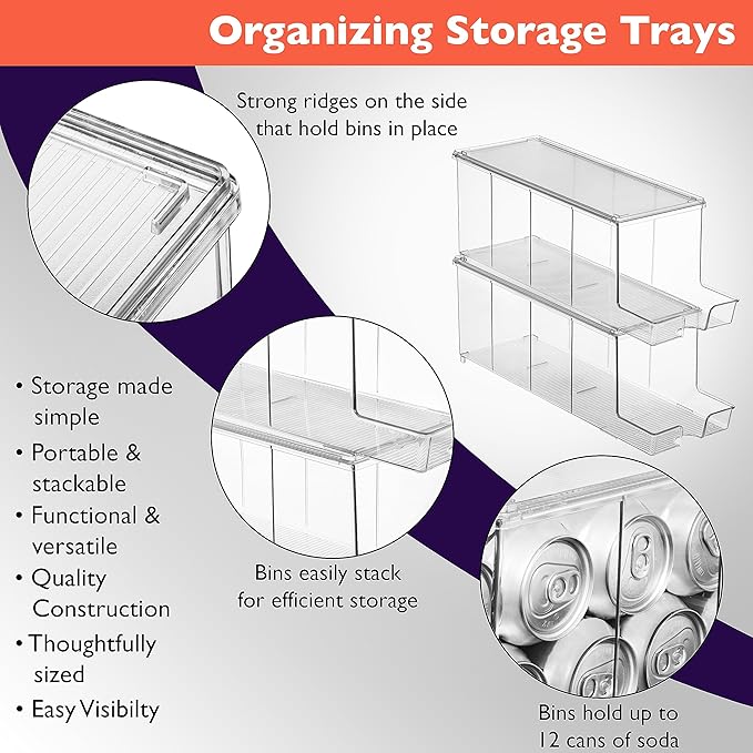 ClearSpace Soda Can Organizer & Soda Can Dispenser for Refrigerator - Fridge Organizer & Stackable Drink Organizer for Fridge, Can Organizer for Refrigerator - Holds 12 Cans Each, BPA Free - 4 Pack
