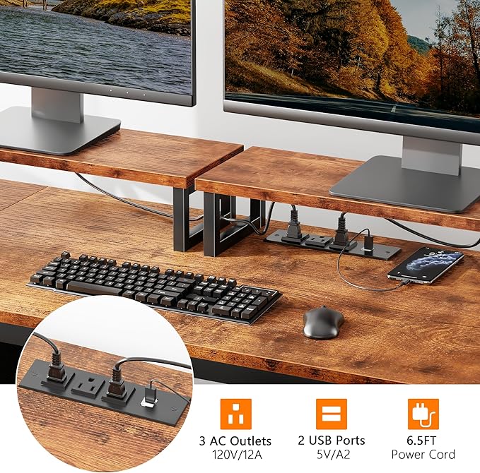 Furologee 55" Computer Desk with File Cabinet and Power Outlets, Home Office Desk with 2 Movable Monitor Stands and Storage Drawer, Writing Table with Shelves and 2 Hooks for Bedroom, Rustic Brown