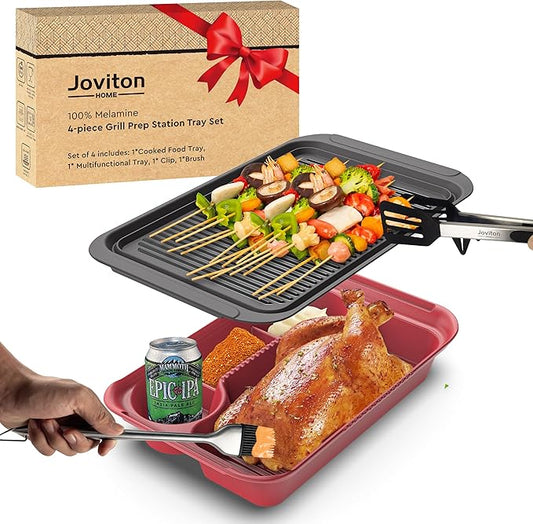 4PCS Melamine Grill Prep Station Tray Set, Outdoor BBQ Grill Station Accessories for Raw and Cooked Food, BBQ Grill Tools Added