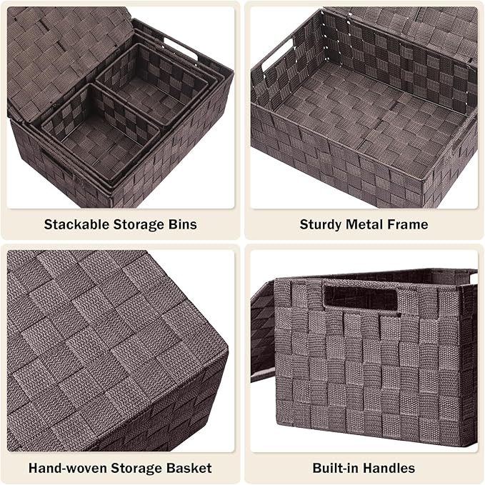 Storage Bins Baskets for Organizing with Lids, Storage Baskets for Shelves Stackable Woven Basket, Gift Small Basket Storage Cubes, Decorative Wicker Basket with Built-in Handles (5 Pack, Brown)