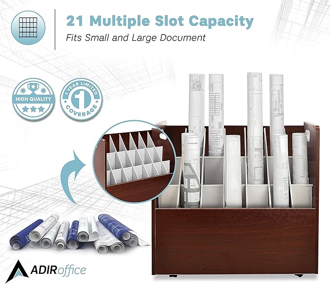 AdirOffice Adir Blue Print Storage Organizer - Mobile Roll File Cart, Construction Plan Holders, Blueprint Cabinet with Wheels, Roll Files Storage for Office and Home (21 Slots, Mahogany)