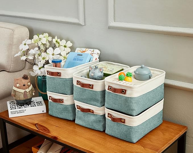 DECOMOMO Small Storage Basket, Closet Storage Bins, Baskets for Organizing Shelves (Teal & White, Small - 6 Pack)