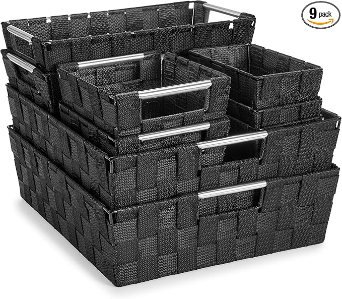 Sorbus Set of 9 Woven Storage Baskets – Mesh Hand-Woven Baskets for Organizing, Fabric Storage Bins for Linen Closet Organizer, Storage Baskets for Shelves, Home Organization and Decor (Black)