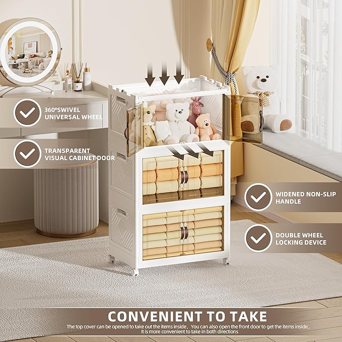 200 QT / 50 Gal Extra Wide Foldable Plastic Cabinet with Double Magnetic Doors & Leather Handles - Stackable, 4 Locking Wheels, Space Saving Storage for Small Spaces