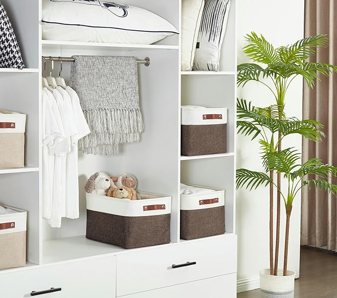 DECOMOMO Storage Baskets for Shelves - Fabric Storage Bins, Linen Closet Organizers and Storage (Brown & White, XL - 3 Pack)