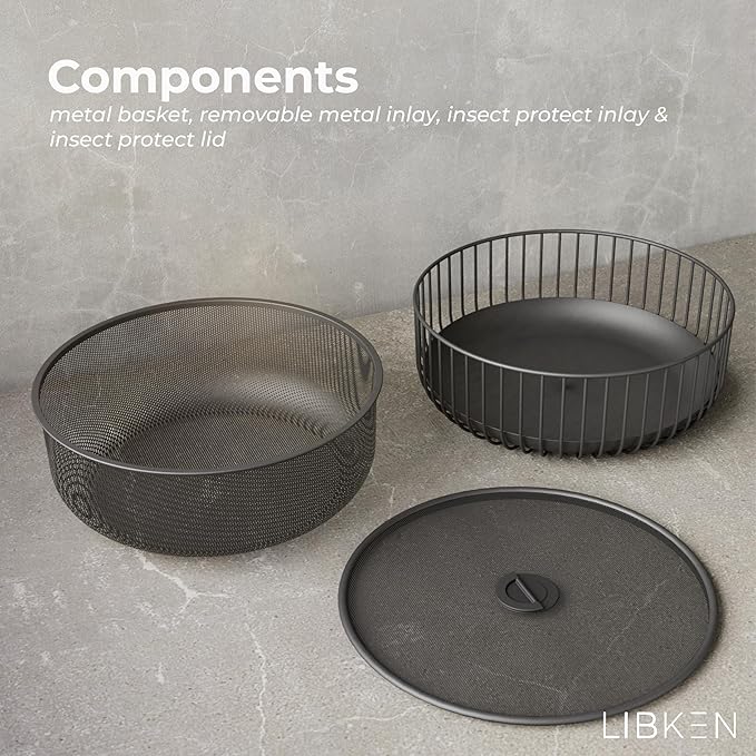 Metal Fruit Bowl with Mesh Lid and Basket - Fruit and Vegetable Holder For Kitchen Counter - Countertop Display Baskets Organizer - Bowl Storage for Veggie, Fruits, Snack, and Banana - Black