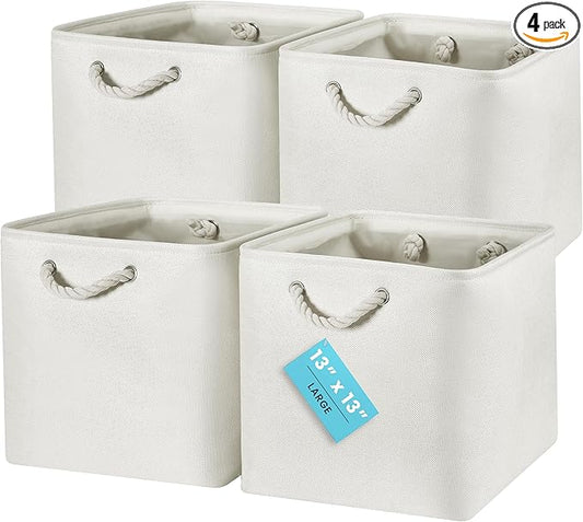 OrganiHaus 13x13 Cube Storage Bins 4 Pack, Foldable Cube Storage Organizer w/ Rope Handles, Collapsible Fabric Bins for Toys, Clothes & Closet Organization, Fabric Square Baskets - Off-White