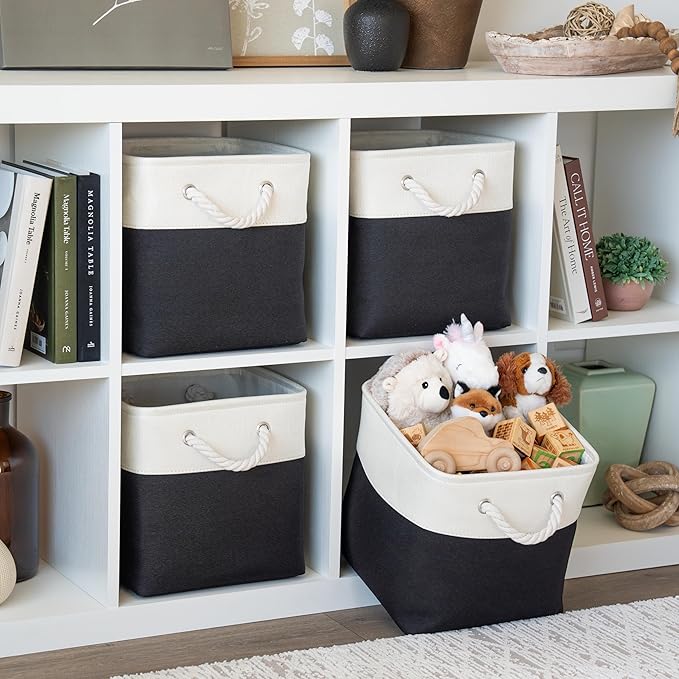 OrganiHaus 11x11 Cube Storage Bins 4 Pack, Foldable Cube Storage Organizer w/ Rope Handles, Collapsible Fabric Bins for Toys, Clothes & Closet Organization, Fabric Square Baskets - Black/White