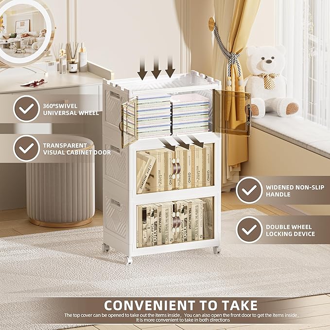 148 QT / 37 Gal Rolling Foldable Storage Cabinet with Stackable Feature - Double Magnetic Doors, Leather Handles, Durable Plastic for Closet/Office, Easy Assembly & Move