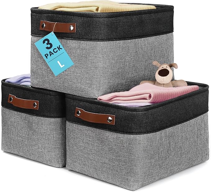 OrganiHaus Large Fabric Storage Baskets for Shelves 3 Pack, 15x11in Closet Storage Bins for Shelves, Canvas Baskets for Organizing, Linen Closet Organizers, Cloth Basket, Gray/Black