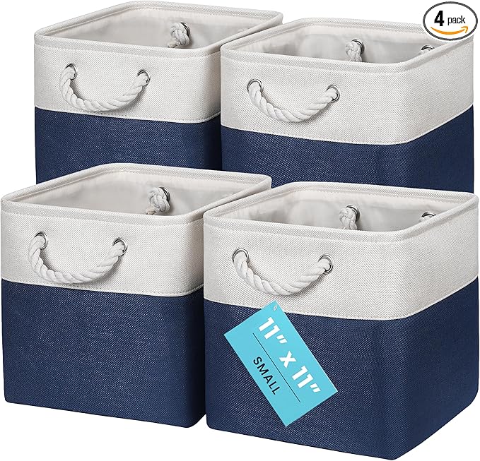 OrganiHaus 11x11 Cube Storage Bins 4 Pack, Foldable Cube Storage Organizer w/ Rope Handles, Collapsible Fabric Bins for Toys, Clothes & Closet Organization, Fabric Square Baskets - Navy Blue