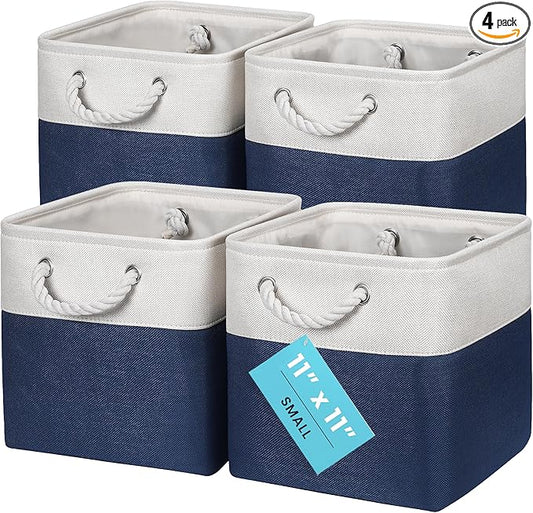 OrganiHaus 11x11 Cube Storage Bins 4 Pack, Foldable Cube Storage Organizer w/ Rope Handles, Collapsible Fabric Bins for Toys, Clothes & Closet Organization, Fabric Square Baskets - Navy Blue
