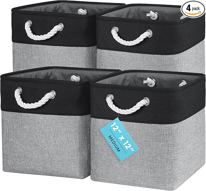 OrganiHaus 12x12 Cube Storage Bins 4 Pack, Foldable Cube Storage Organizer w/ Rope Handles, Collapsible Fabric Bins for Toys, Clothes & Closet Organization, Fabric Square Baskets - Gray/Black