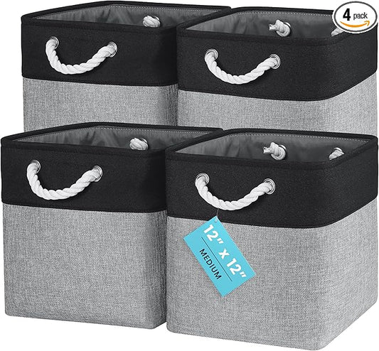 OrganiHaus 12x12 Cube Storage Bins 4 Pack, Foldable Cube Storage Organizer w/ Rope Handles, Collapsible Fabric Bins for Toys, Clothes & Closet Organization, Fabric Square Baskets - Gray/Black