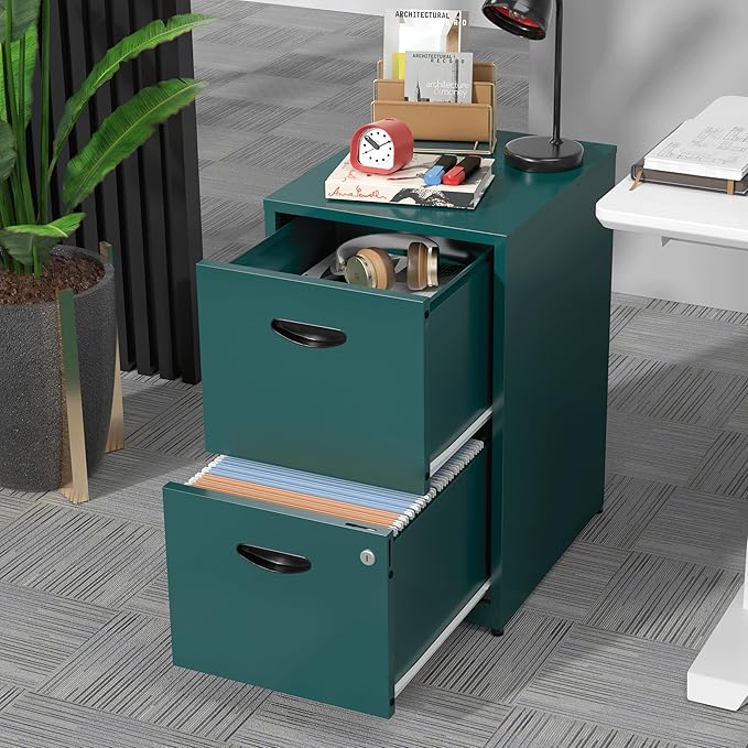 2 Drawer File Cabinet, Metal Two Drawer Vertical File Cabinets with Lock, 18" D Storage Filing Cabinet for Home Office, Steel Light Duty Storage for Letter-Size Files, Green, Assembly Required