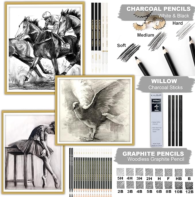 KALOUR 54-Pack Sketch Drawing Pencils Kit with Sketchbook,Include Graphite,Charcoal Pencils and Artists Tools,Pro Art Drawing Supplies for Adults Kids Beginners,ideal for Sketching Shading