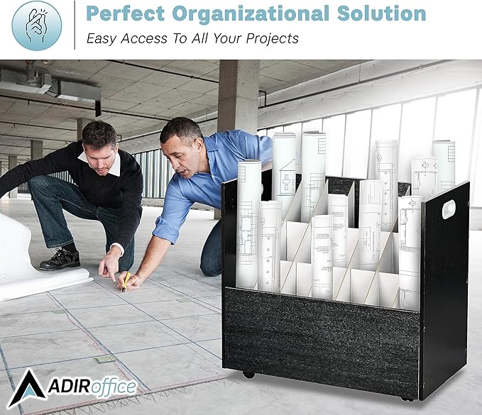 AdirOffice Adir Blue Print Storage Organizer - Mobile Roll File Cart, Construction Plan Holders, Blueprint Cabinet with Wheels, Roll Files Storage for Office and Home (21 Slots, Black)