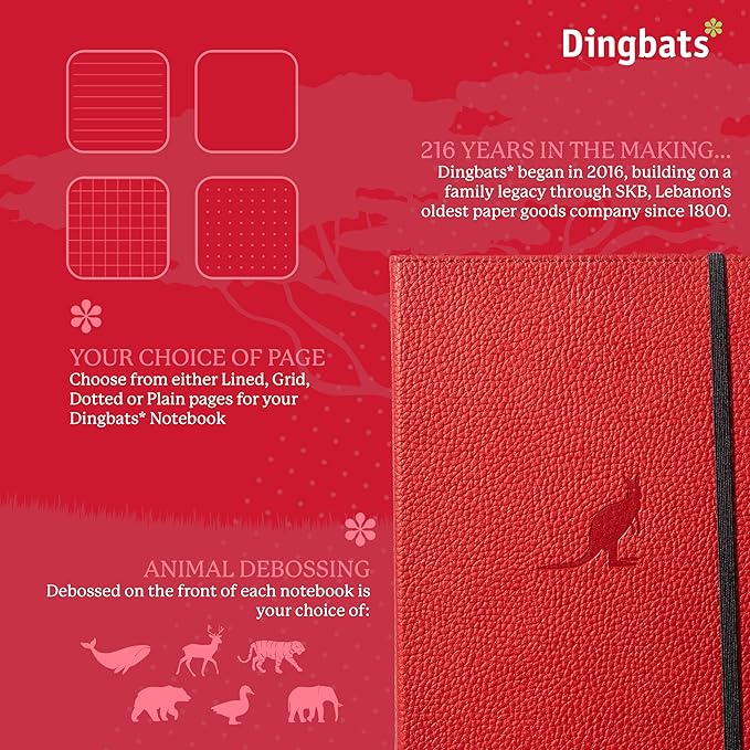Dingbats* Wildlife Grid Writing Journal Notebook A5 - Vegan Leather Hardcover - Ideal for Work, Travel - Pocket, Elastic Closure, & Bookmark