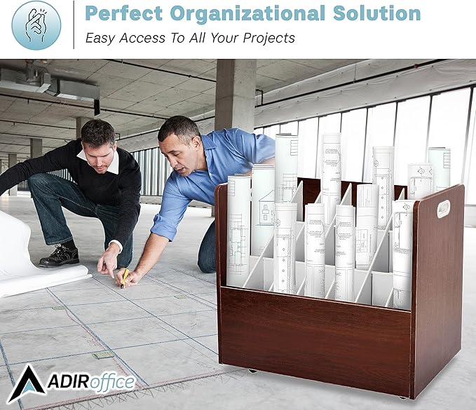 AdirOffice Adir Blue Print Storage Organizer - Mobile Roll File Cart, Construction Plan Holders, Blueprint Cabinet with Wheels, Roll Files Storage for Office and Home (21 Slots, Mahogany)